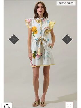 Sugarlips NEW White Floral Fruit Print Button-Front Mini Dress with Yellow Trim